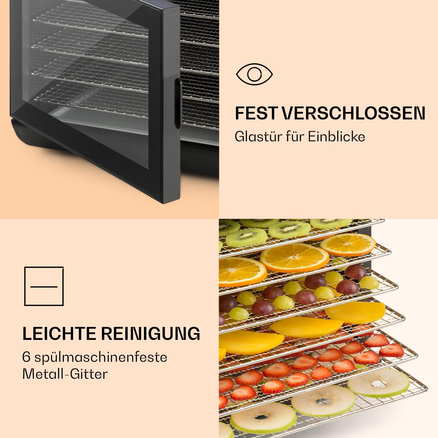 Klarstein Arizona Jerky Dörrautomat - Dörrgerät, Dehydrator, trocknet Obst, Fleisch und Früchte, 500 Watt, 35-70°C, 6 spülmaschinenfeste Einlagefächer, kurze Trockenzeit, Touch-Display, schwarz