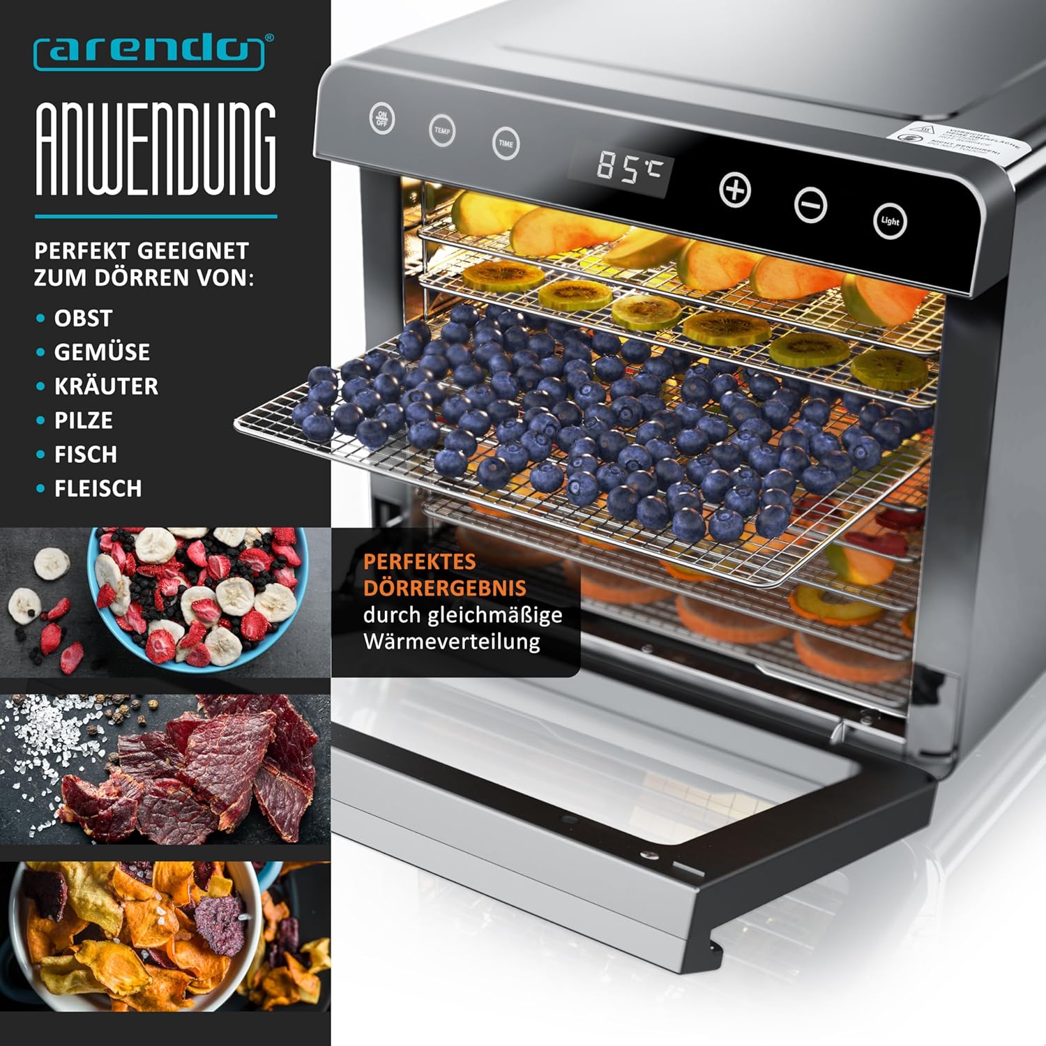 Arendo - Dörrautomat Edelstahl mit 8 Edelstahlgitter - 700 W - 35°-85°C - 8 Edelstahl Einlegetabletts mit insgesamt 6700 cm² - Dörrgerät Dehydrator Obsttrockner Dörrapparat - Obst Fleisch Pilze uvm