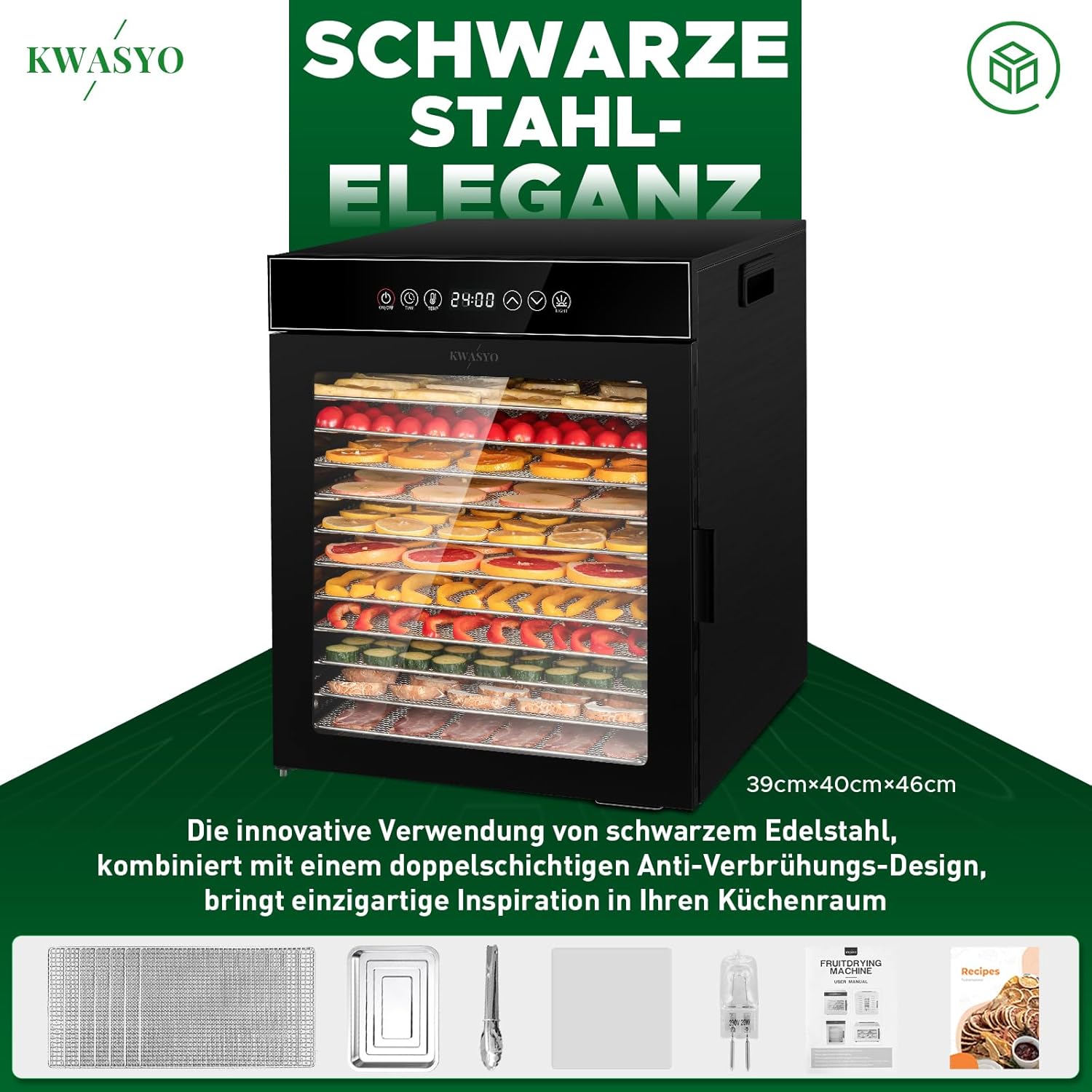 Kwasyo Dörrautomat Edelstahl, Dörrgerät 12 Etagen Ganz in Schwarz, 30-90℃ Temperaturregelung, 24 Stunden Timer, Rezeptheft für Fleisch Obst Gemüse Kräuter, 1000W, LT-09